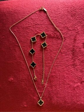 Gold-Tone Necklace Set with Black Clover Motifs